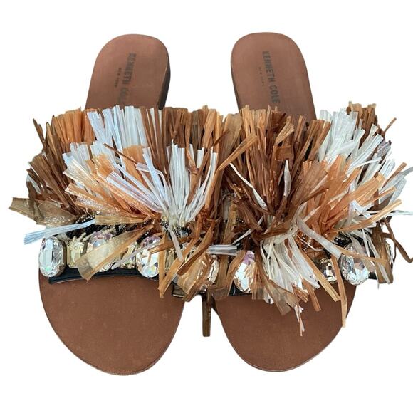 Kenneth Cole NWOB Leather Heron Slide Sandal Fringe Jewels size 9.5 - Picture 1 of 10